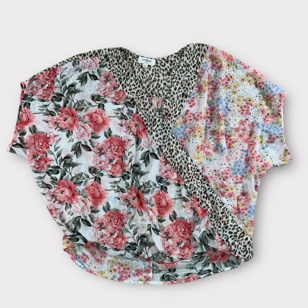 Women’s Umgee Leopard & Floral Chiffon Boho Blouse Size Medium #071